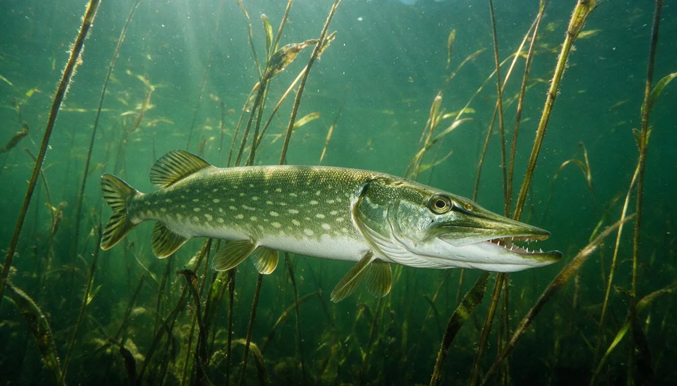 Photorealistic underwater photo of a northern pike hovering among weeds in a cool northern lake