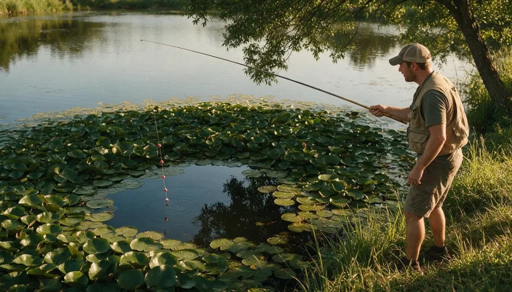 Angler with a long telescopic pole reaching over lily pads with seven-star float rig