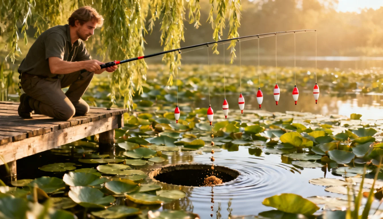 Angler lowering a baited hook vertically into a gap in a lily pad bed with a long pole