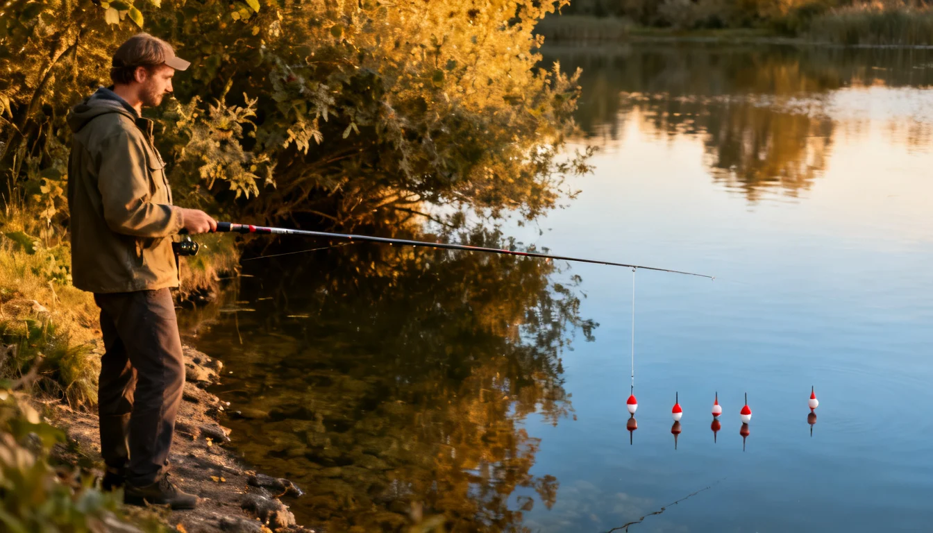 Angler fishing the shaded near-bank margin with a long telescopic pole and short line