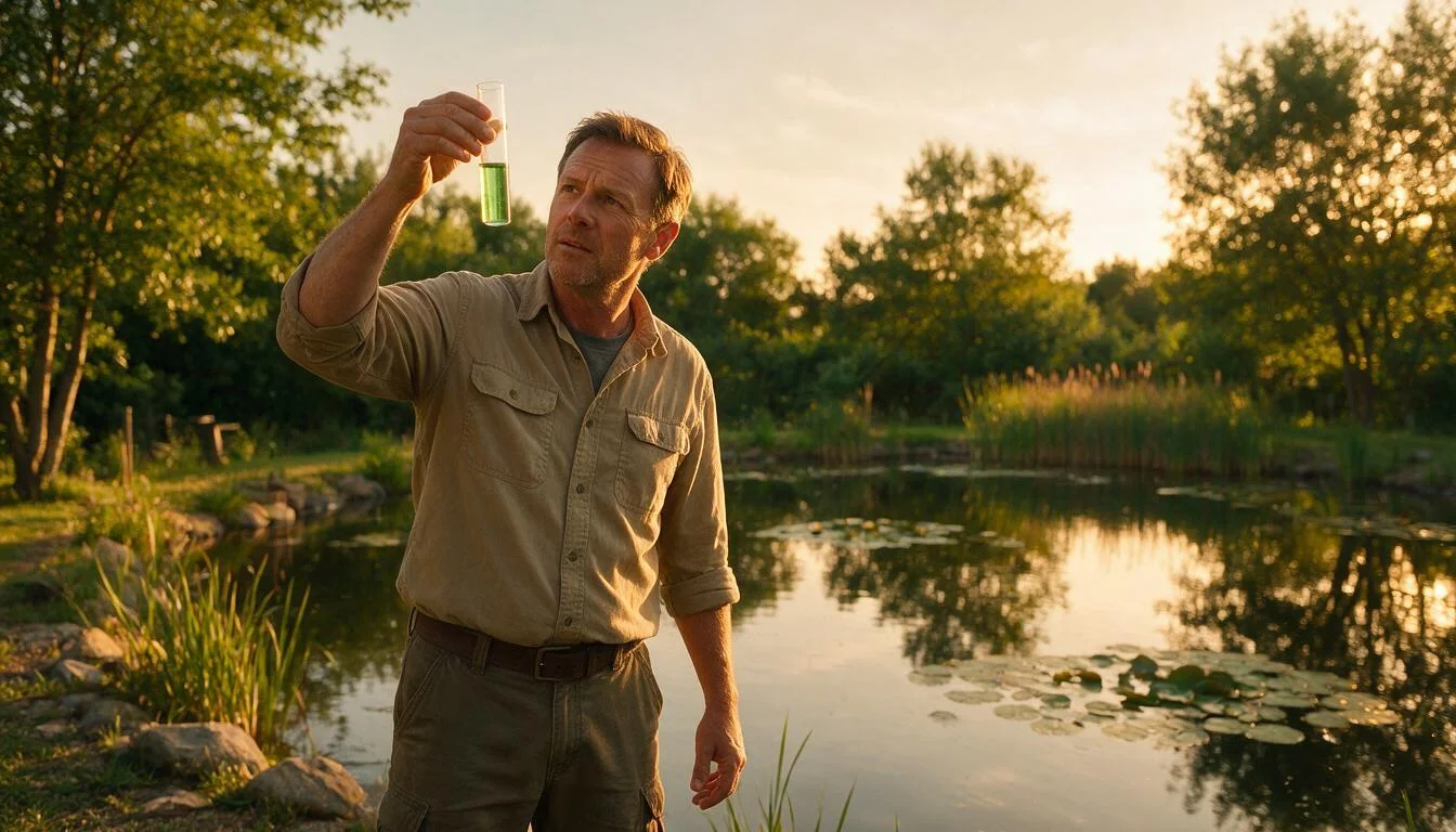 pond owner testing water quality at his fishing pond