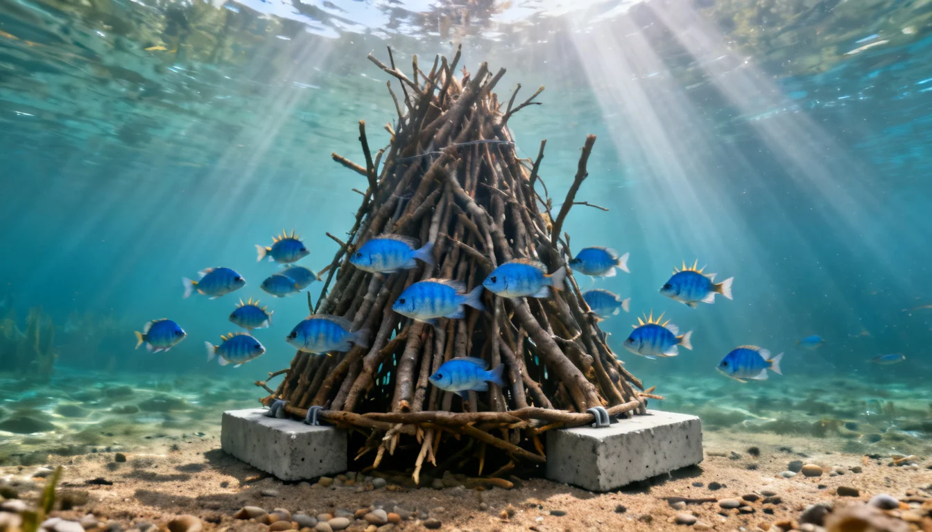 submerged brush pile fish attractor in clear pond water