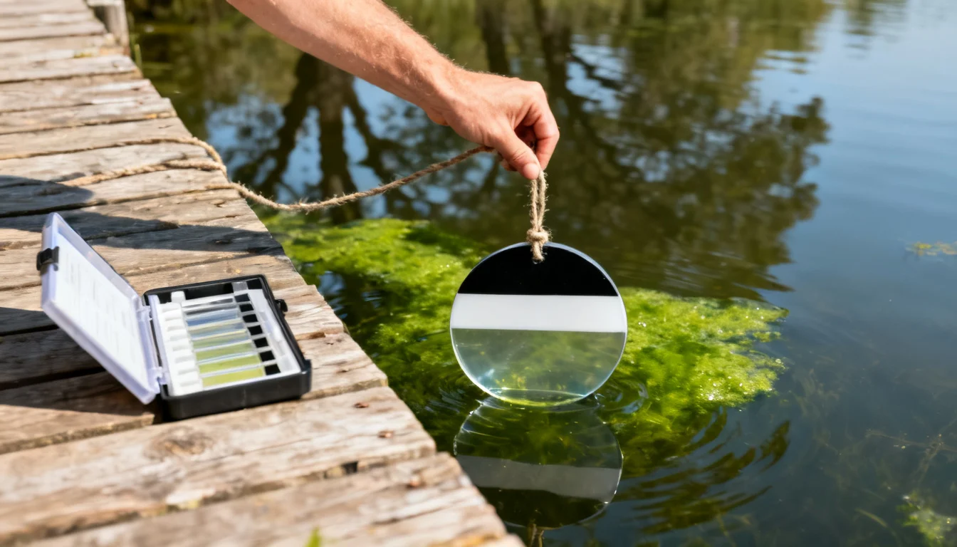 Secchi disk lowered into a pond to measure water clarity