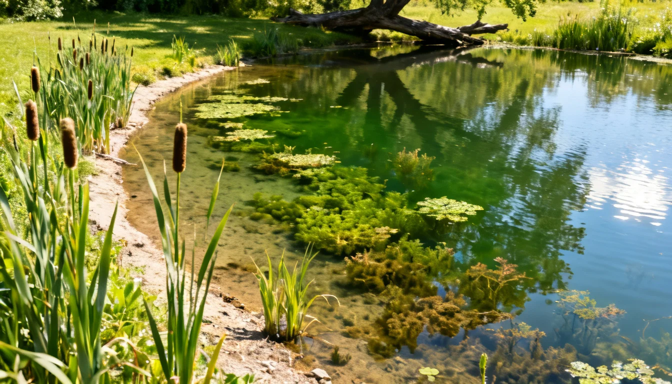 aquatic plants and cattails at the edge of a fishing pond