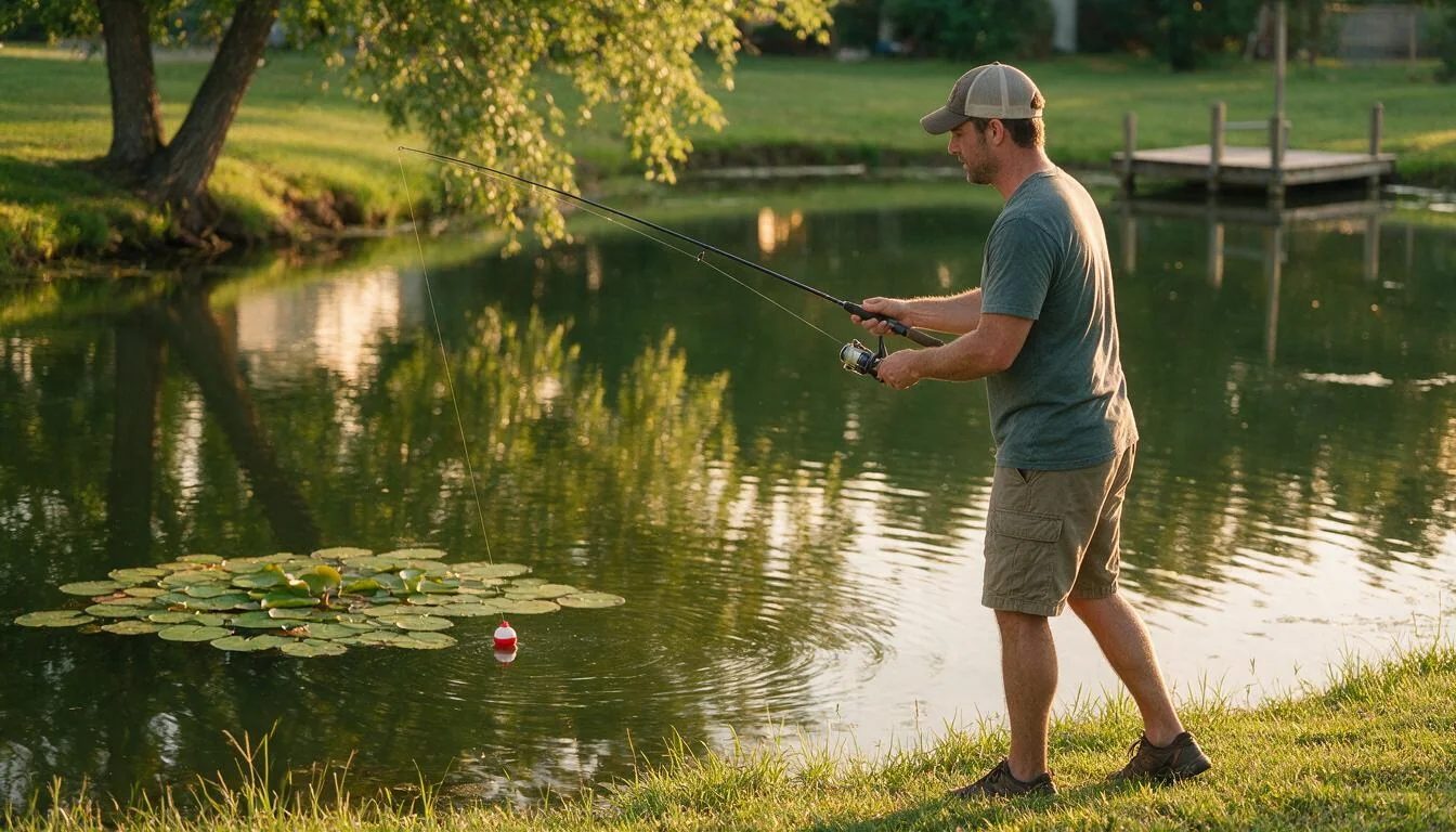 Angler casting into a neighborhood pond at sunset