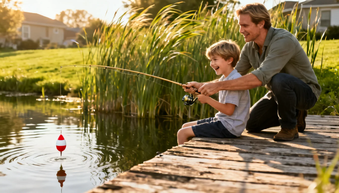 Child fishing with a bobber from a pond dock with a parent