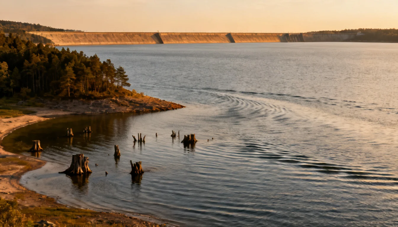 Wide reservoir with a forested point and flooded timber