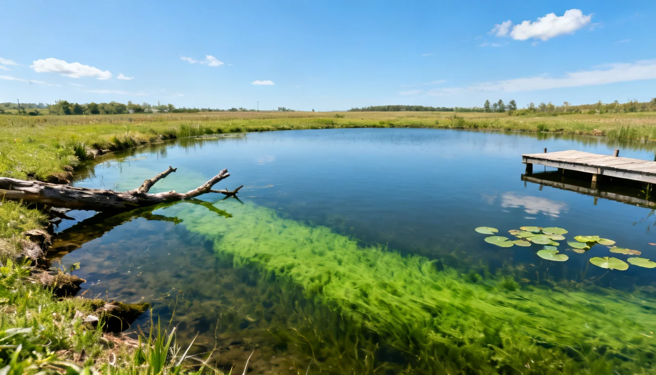 Farm pond with weed line, lily pads and a wooden dock