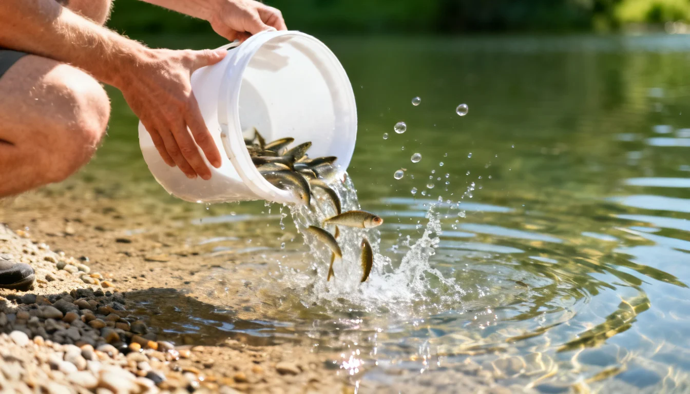 releasing fish fingerlings from a bucket into pond water during stocking