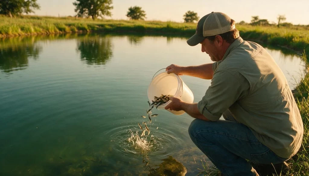 pond owner stocking a new pond with fingerlings from a white bucket