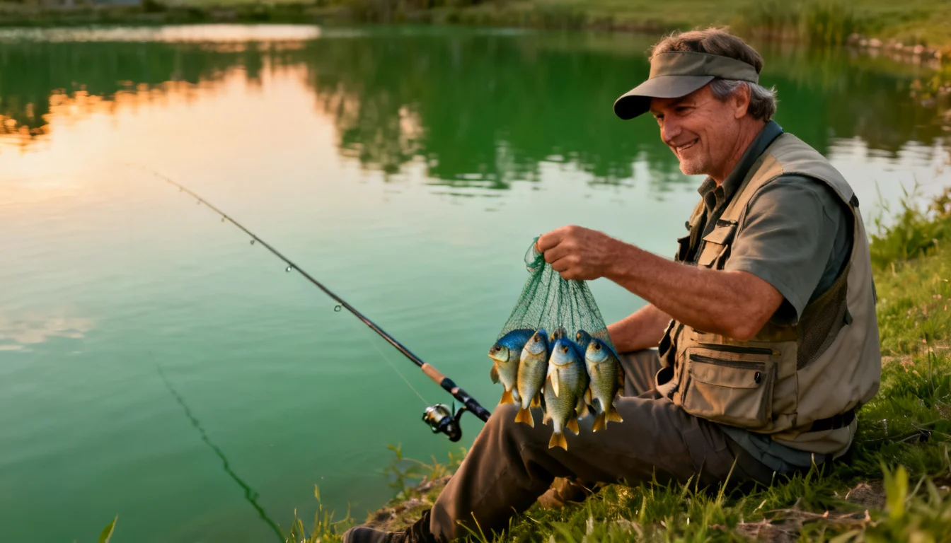 pond owner on the bank holding a stringer of bluegill from his stocked pond