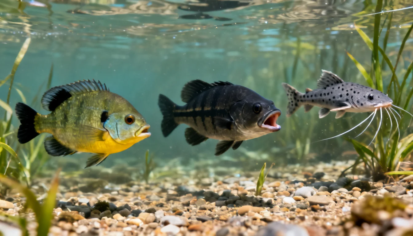bluegill, largemouth bass and channel catfish swimming in a clear stocked pond