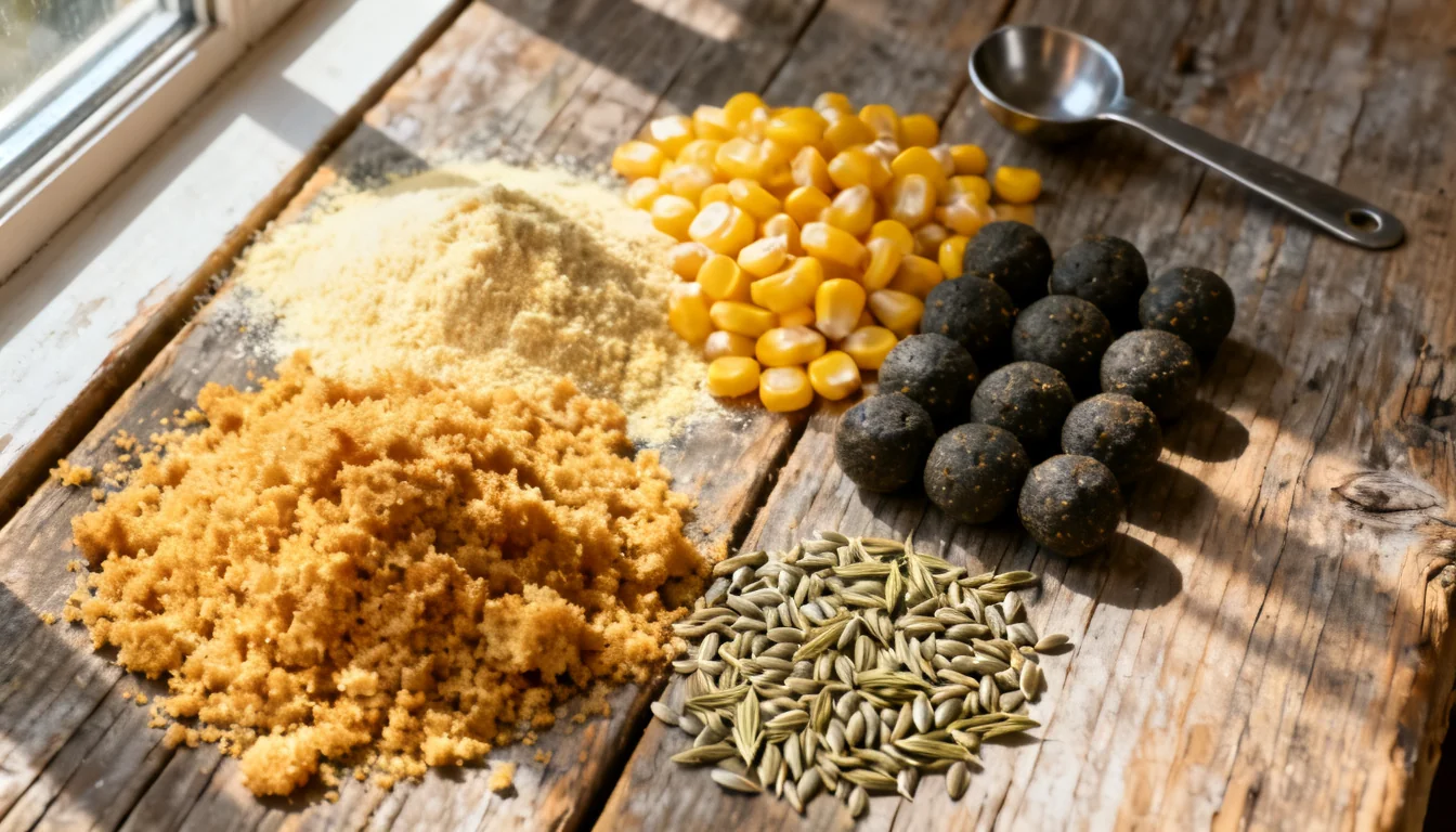 Groundbait ingredients: breadcrumbs, cornmeal, sweetcorn kernels, pellets and hempseed