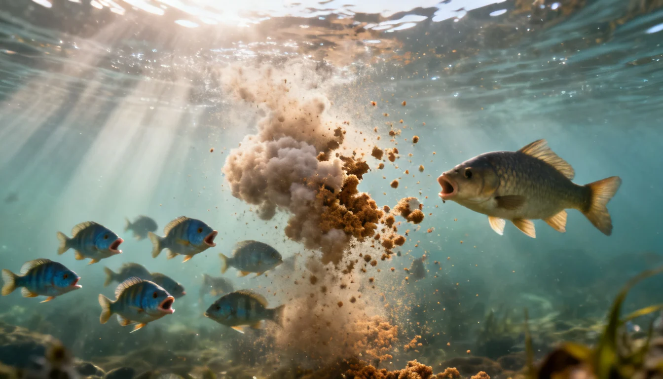 Groundbait particle cloud breaking apart underwater with fish gathering