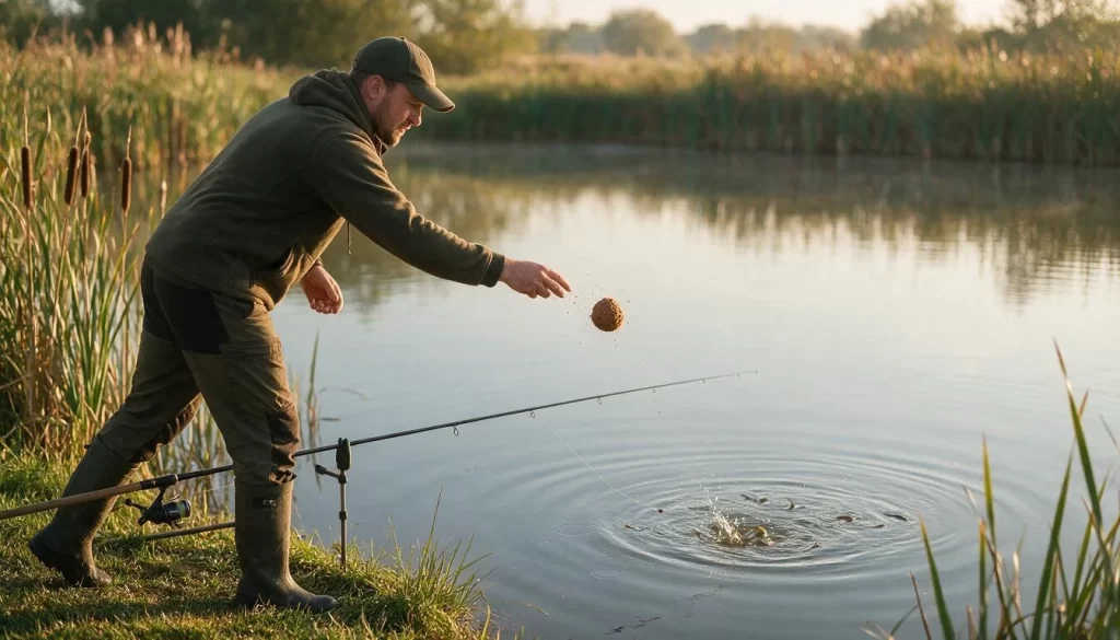 Angler tossing a ball of groundbait into a pond feeding spot at dawn