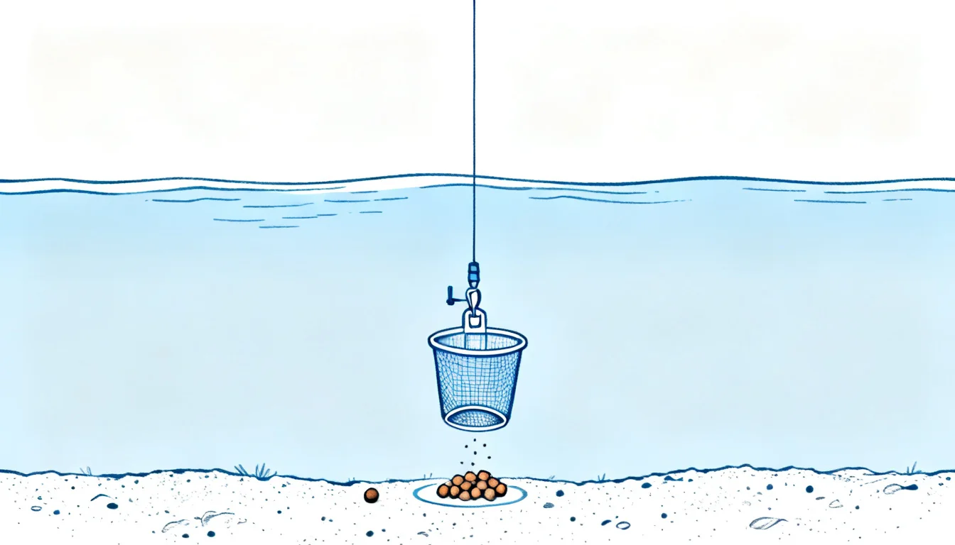 Hand-drawn diagram of a bait dropper releasing groundbait on the lakebed
