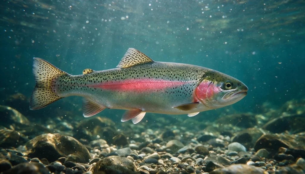Rainbow trout swimming in clear cold river water with pink lateral stripe and black spots