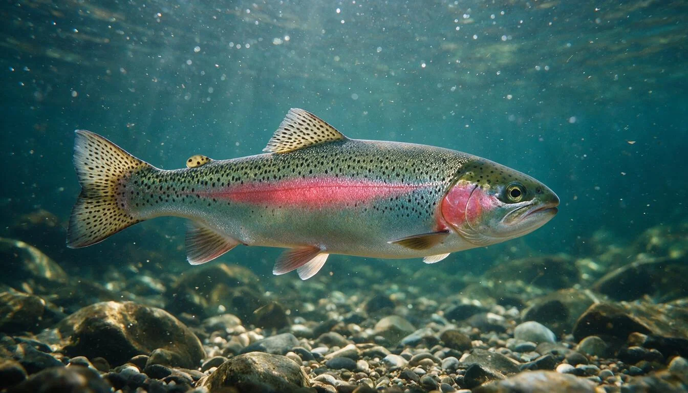 Rainbow trout swimming in clear cold river water with pink lateral stripe and black spots