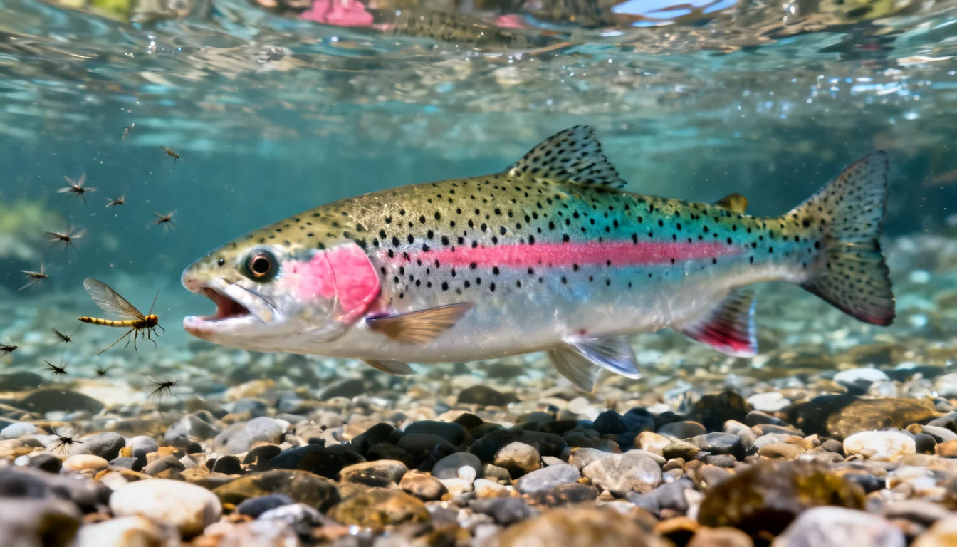 Rainbow trout feeding on aquatic insects like mayfly nymphs in a clear stream