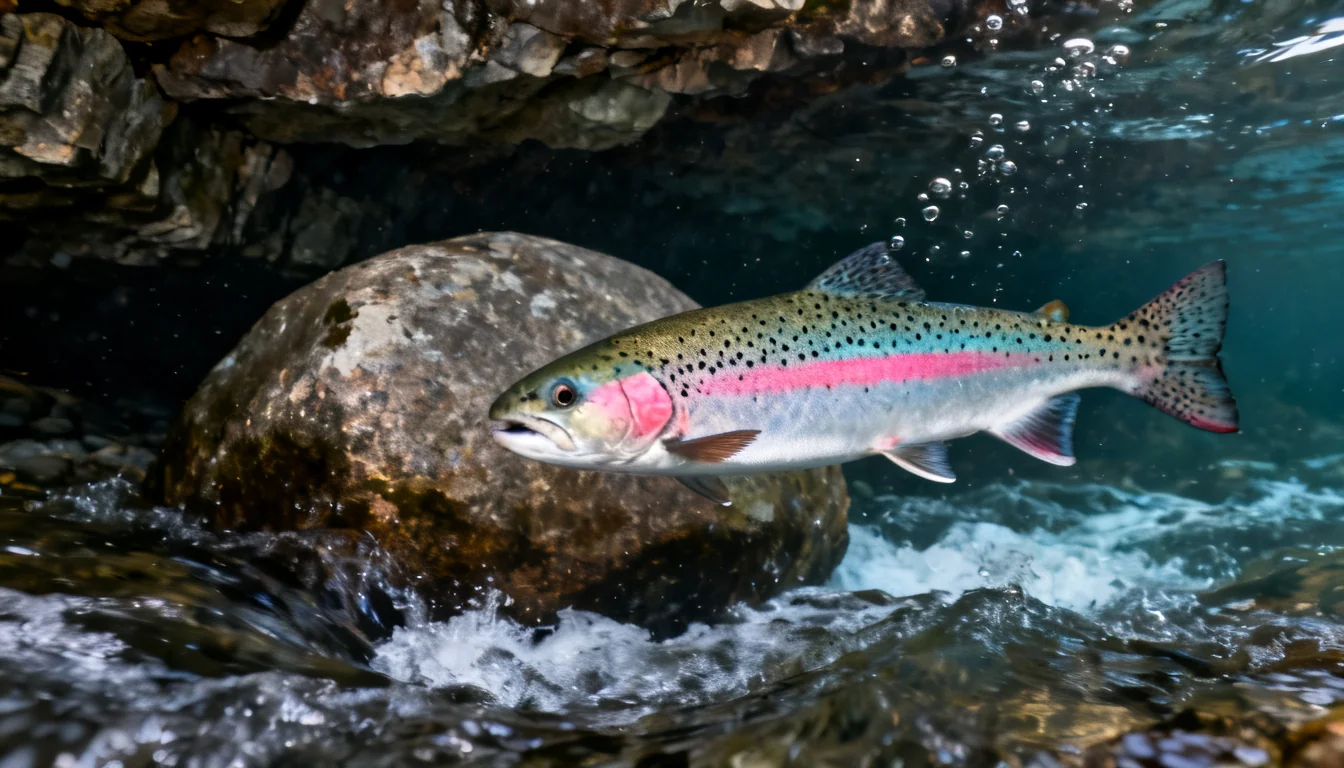 Rainbow trout holding near a boulder in a cold mountain stream riffle