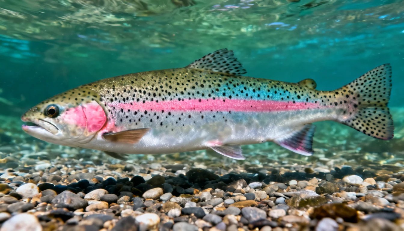 Rainbow trout identification features: pink side stripe, black spots on back and tail