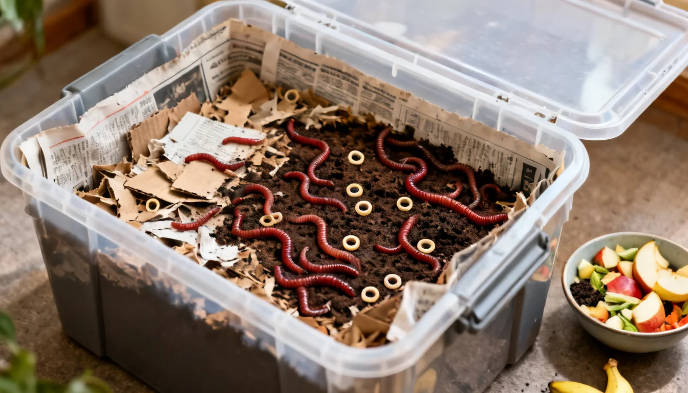 Worm bin with shredded newspaper bedding and red wigglers for fishing bait