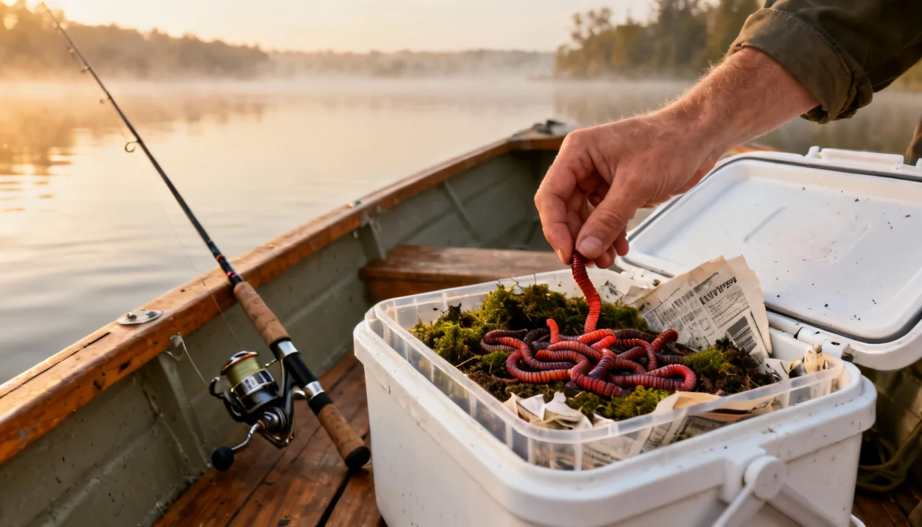 Bait cooler with worms in damp bedding on a fishing boat
