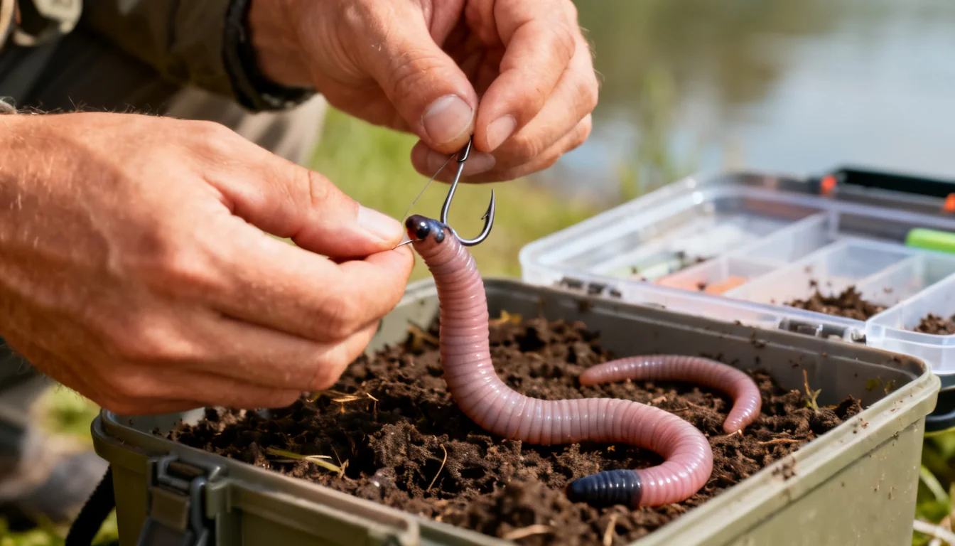 Threading a nightcrawler onto a fishing hook through the collar