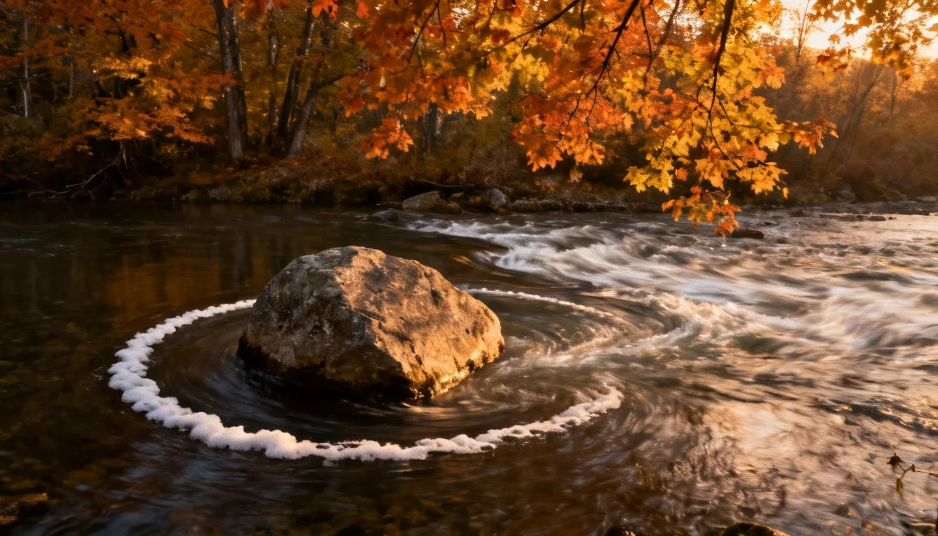 River eddy spinning calmly behind a midstream boulder