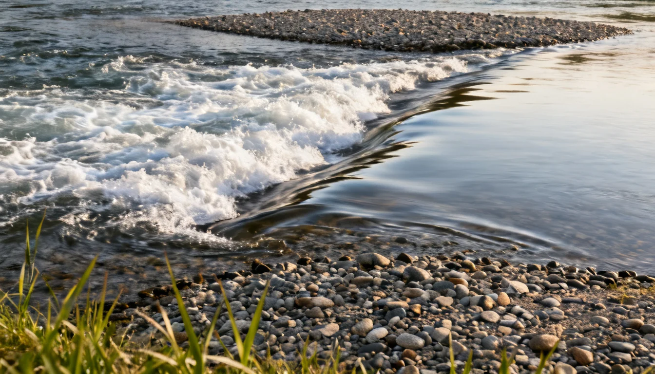 River riffle with a smooth glassy riffle tail where fish feed