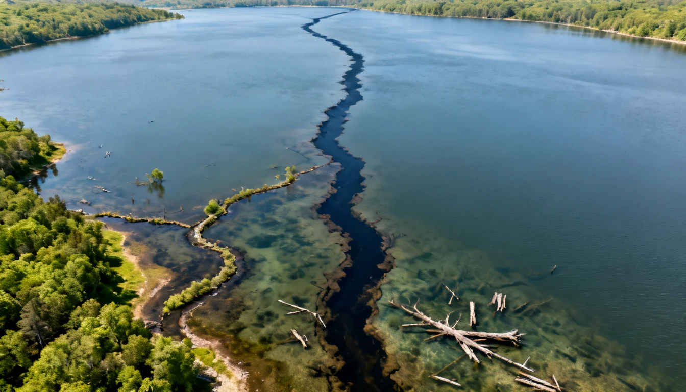Aerial view of a reservoir showing the deep old river channel winding through the main body, with creek arms and points reaching toward it