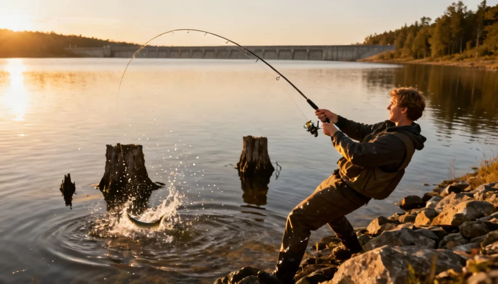 Angler fighting a fish from the bank of a large reservoir at golden hour with the rod bent deep