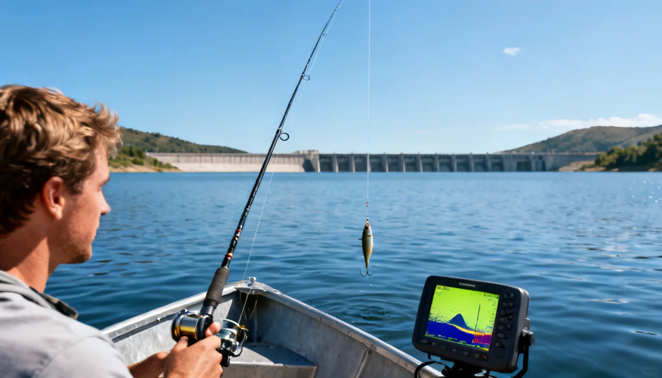 Angler vertical jigging from a small boat over deep reservoir water with a fish finder showing marks