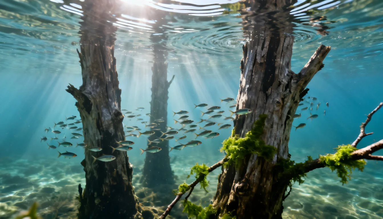 Underwater view of flooded timber with sunbeams filtering down and baitfish weaving between the trunks