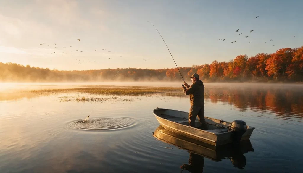 Angler casting to a shallow flat on a misty autumn lake at sunrise