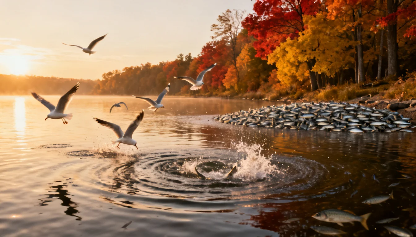 Busting shad and diving gulls on a fall lake surface at dawn