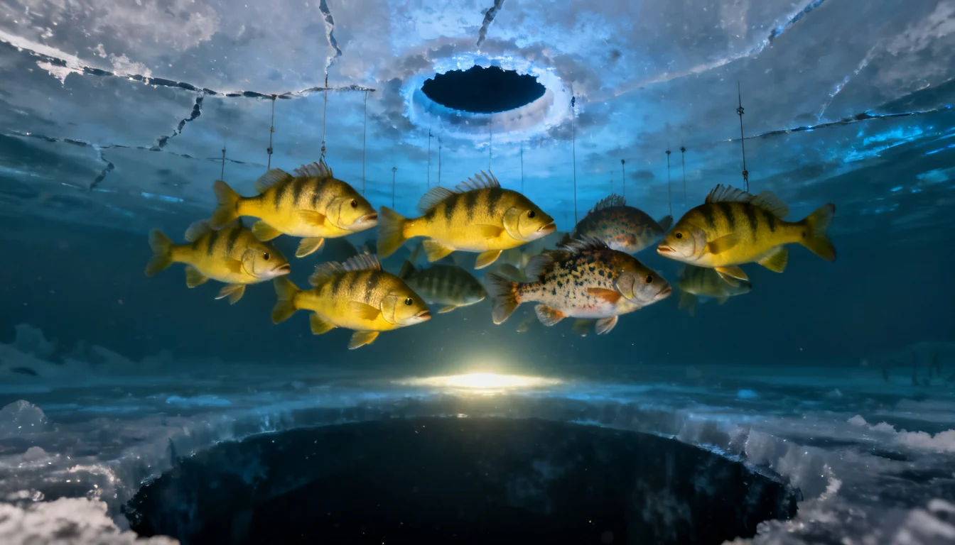 Perch and crappie suspended over a deep basin under the ice