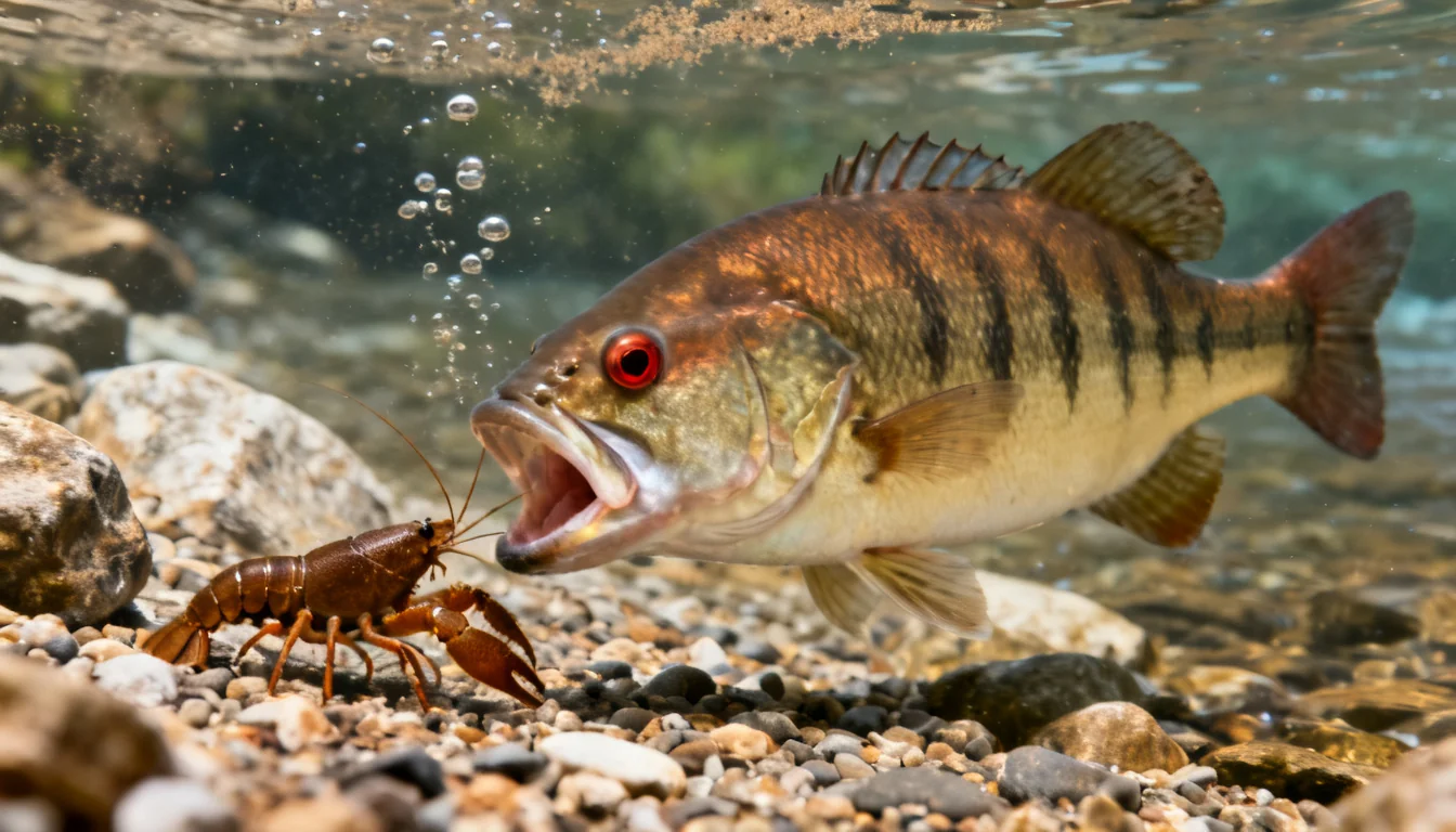 Smallmouth bass feeding on a crayfish near a rocky riverbed