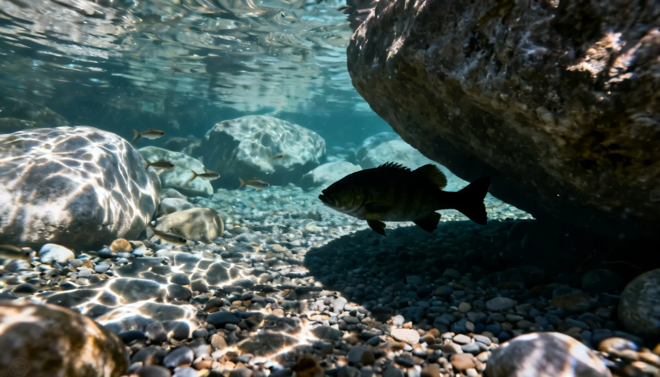 Smallmouth bass habitat — rocky riverbed with boulders and gravel flats