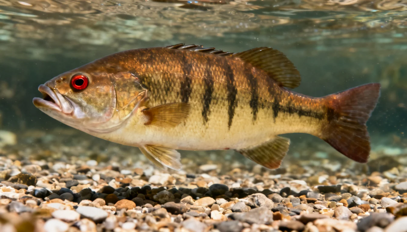 Smallmouth bass identification — bronze body with vertical bars, red eye, short jaw