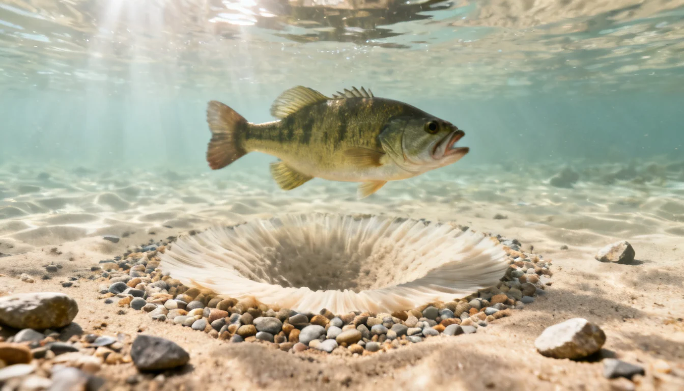 Largemouth bass guarding its nest on a gravel spawning flat
