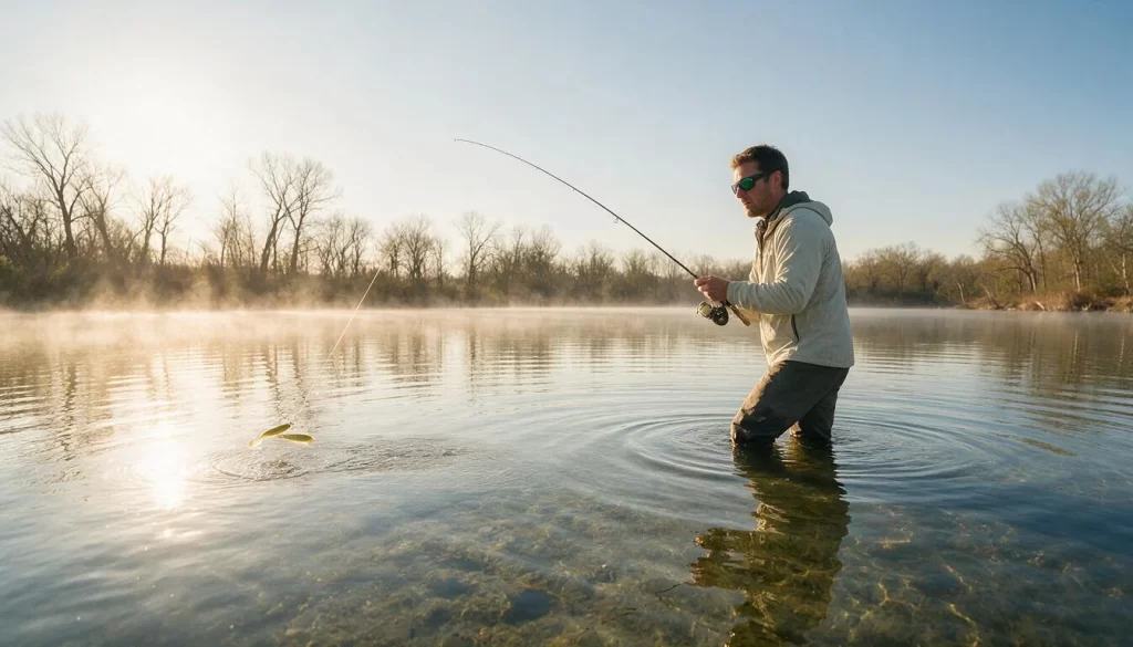 Angler sight-fishing a clear spring bass flat at low morning sun