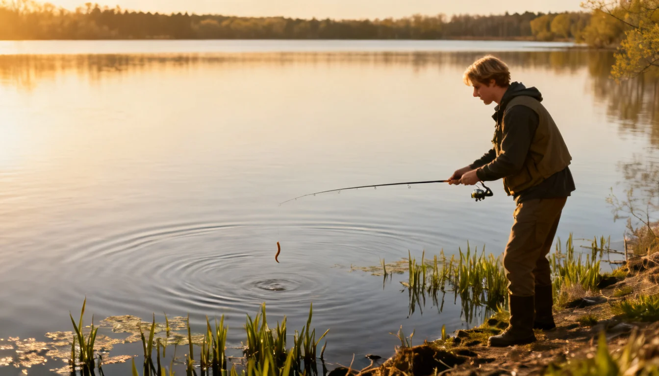 Angler casting a finesse worm to the deep edge of a weed flat in late afternoon
