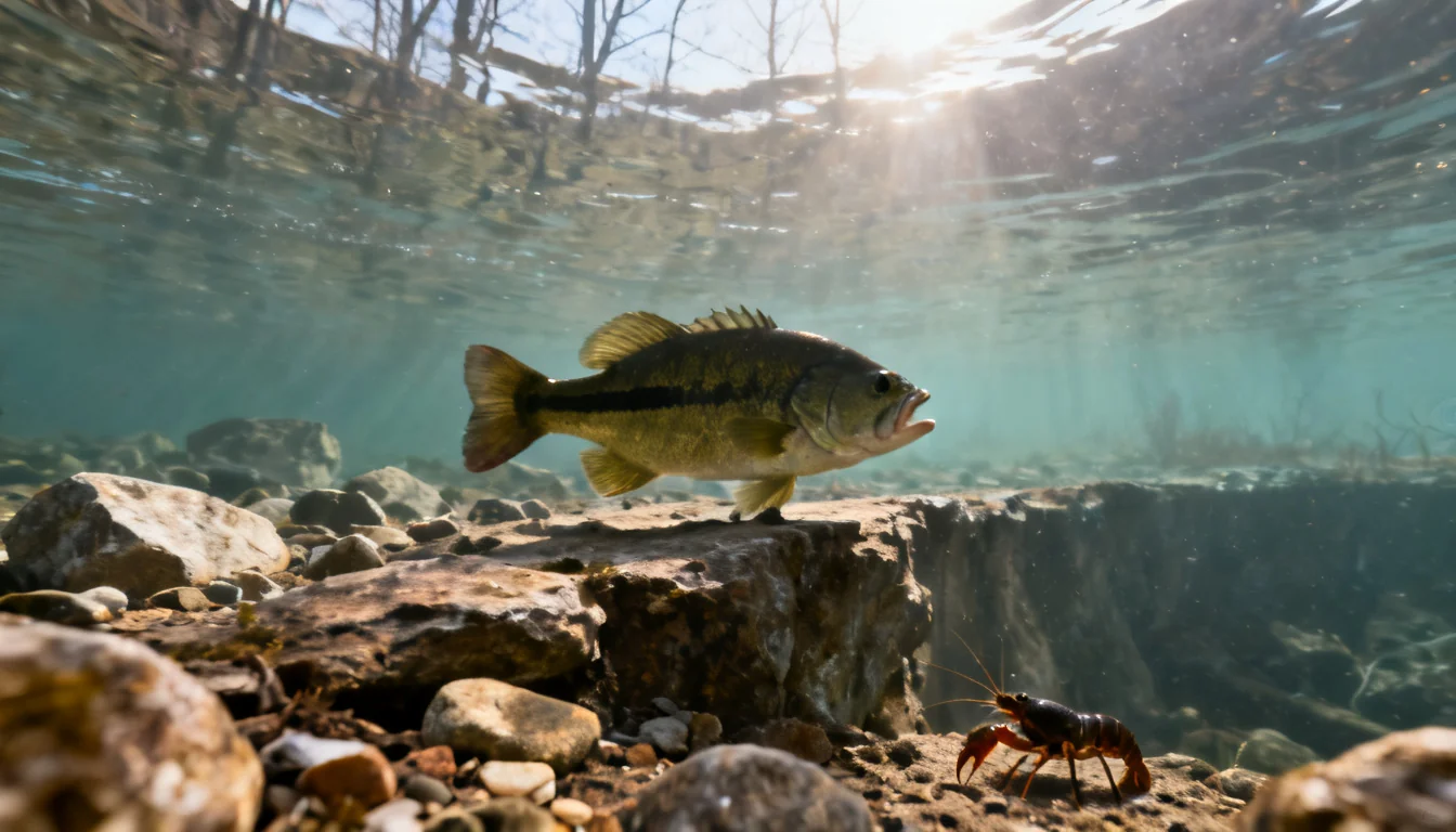Largemouth bass staging on a rocky point in clear spring water