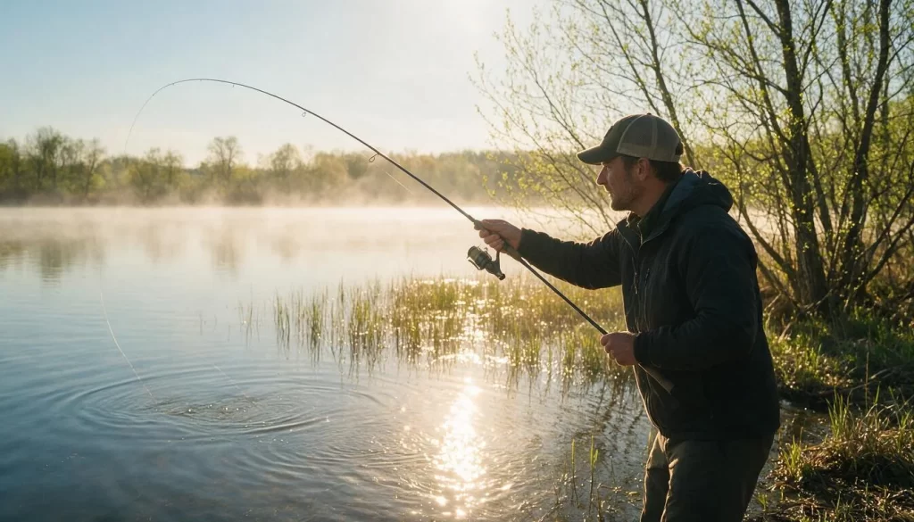Angler casting into a misty warming cove on a spring morning