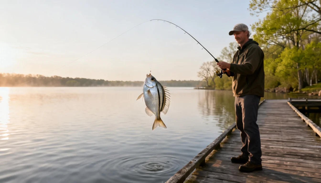 Angler landing a crappie from a dock on a spring morning