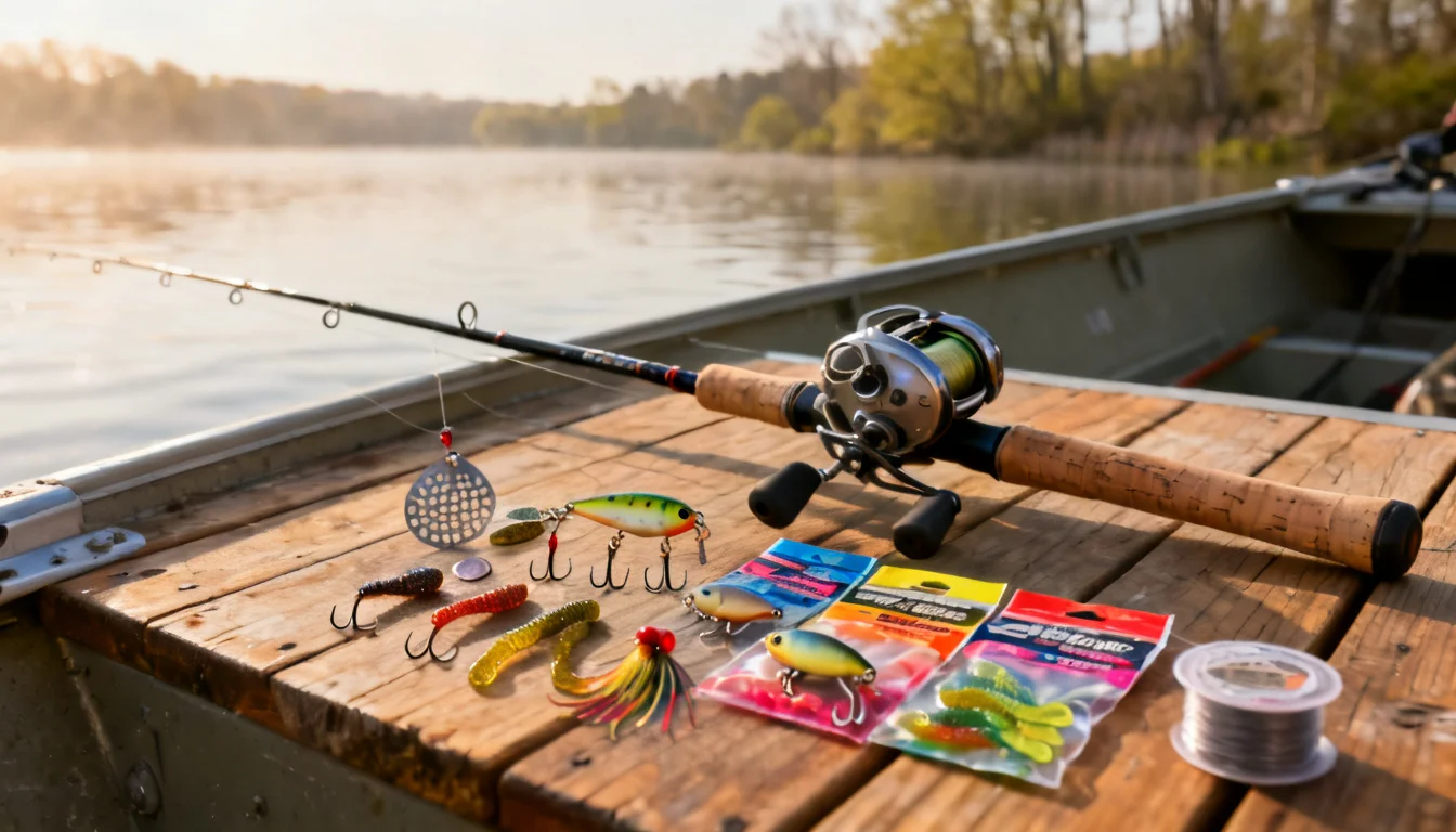 Spring fishing tackle laid out on a boat deck