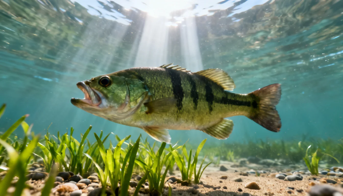 Largemouth bass staging near shallow grass in clear spring water