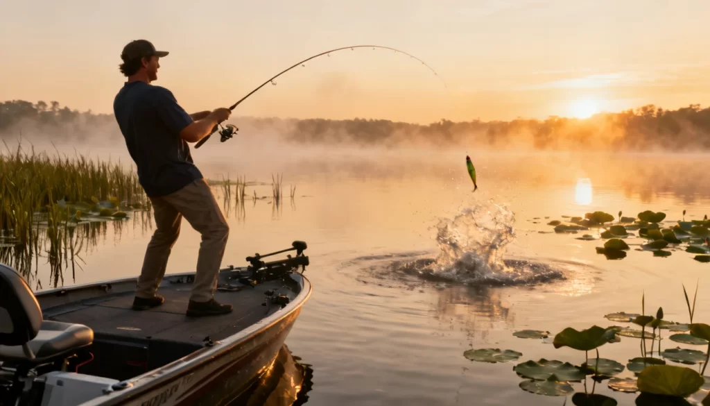 Angler casting a topwater lure on a misty lake at sunrise in summer