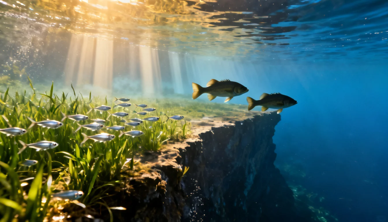 Underwater lake drop-off with weeds and bass holding in deep summer water